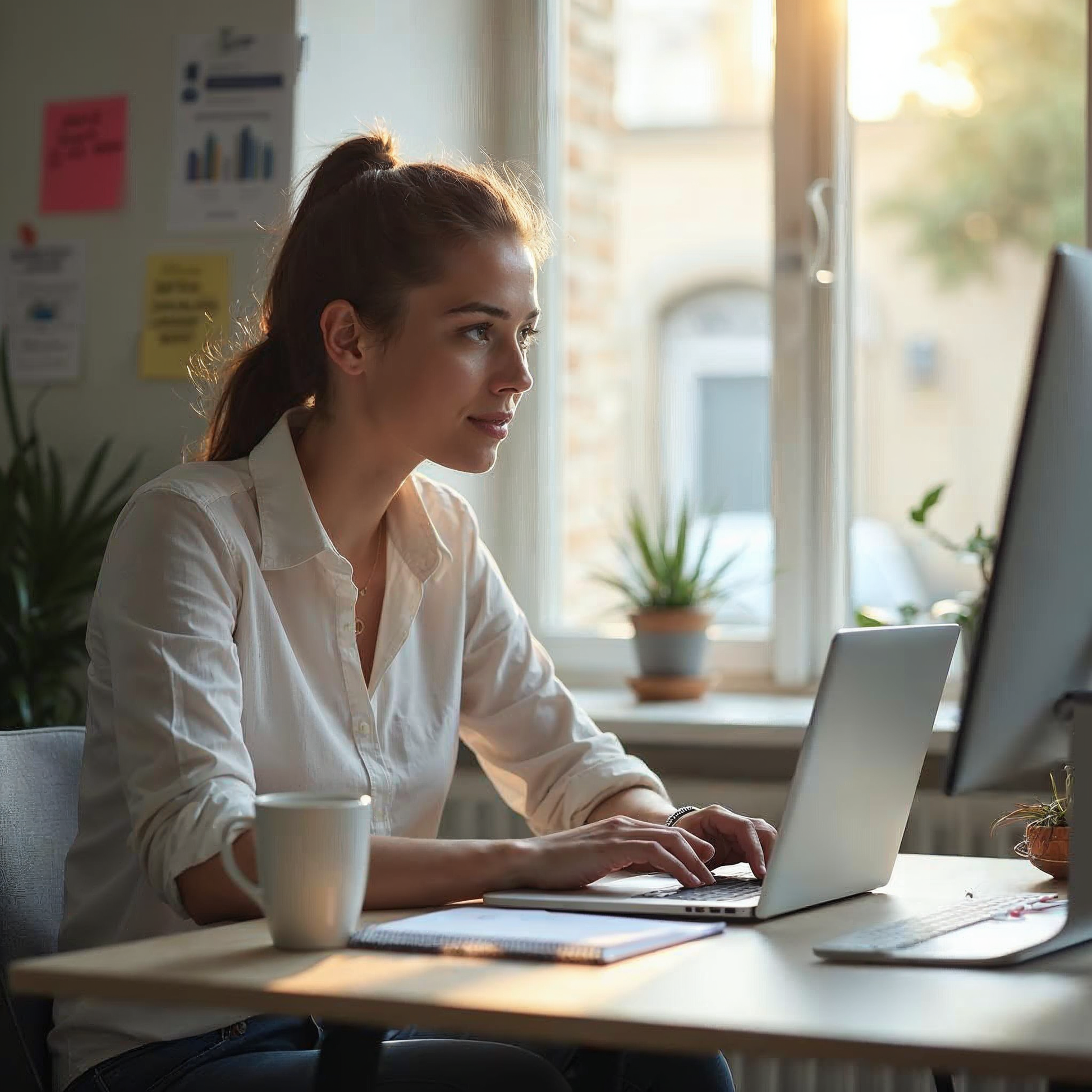 Woman working on a laptop at a desk with a window in the background