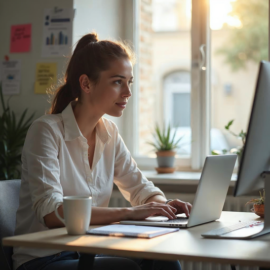Woman working on a laptop at a desk with a window in the background